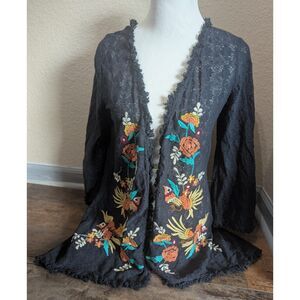 Angel + Premium Black Embroidered Floral Bird Cardigan - Size S